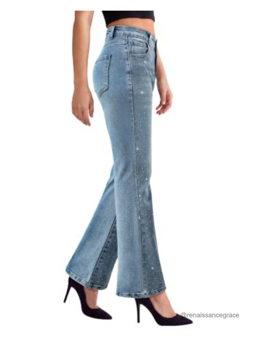 High Rise Flare Jeans Rhinestone Stretchy Denim Patch Pockets - Picture 3 of 6